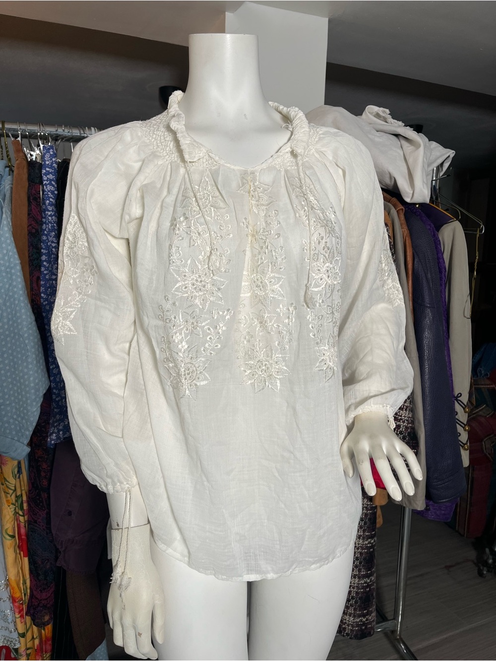 Vintage Women's White Embroidered Peasant Blouse